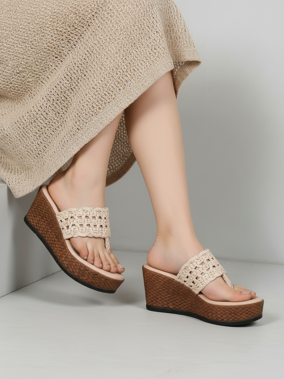 Womens Cream Party Wear Solid Round Toe Wedge Heels