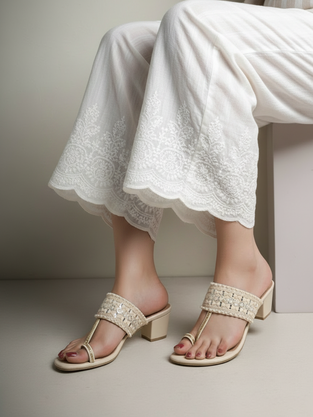 Women Beige Ethnic One Toe Flats