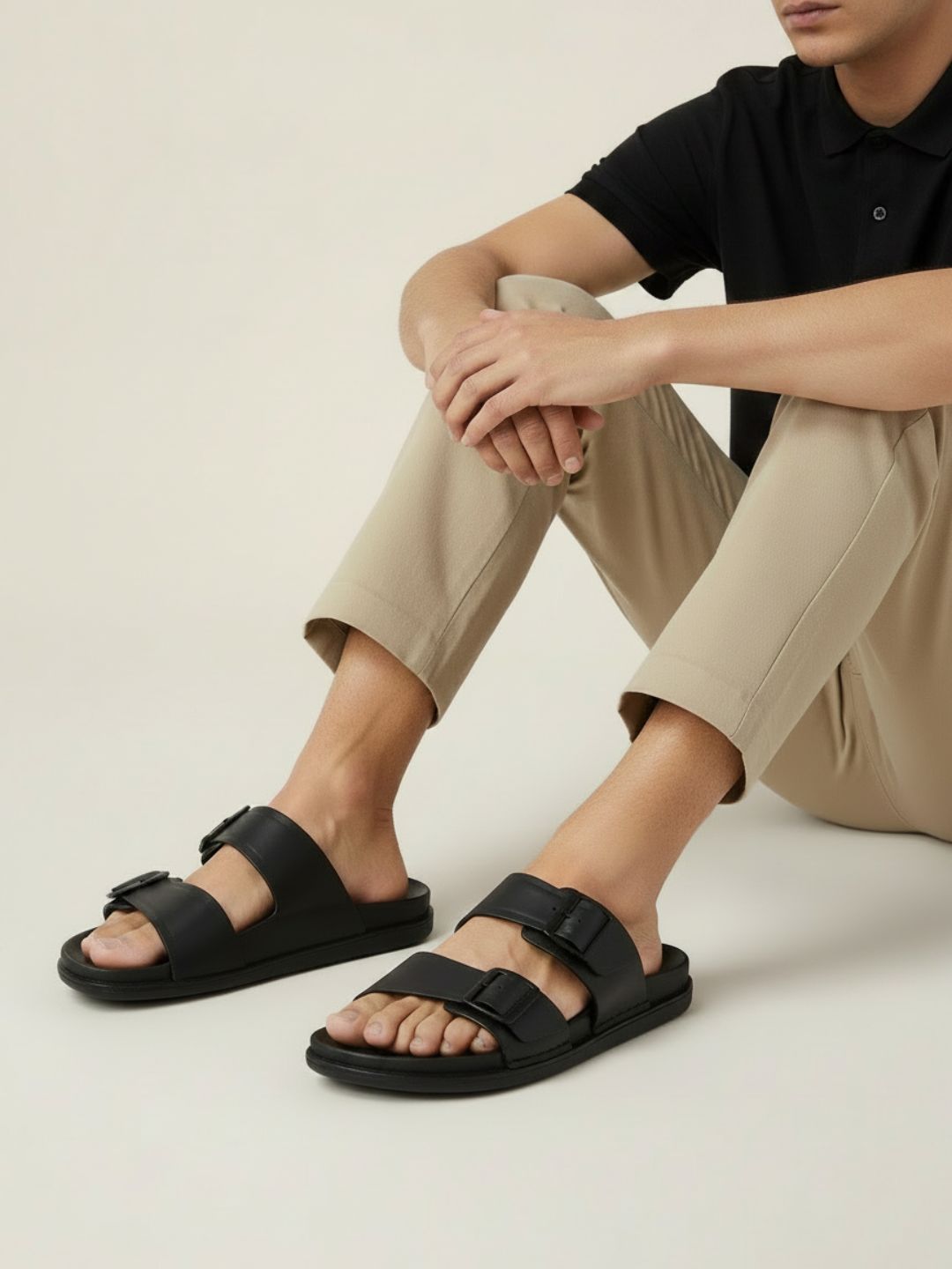 Mens Black Solid Round Toe Casual Sandals