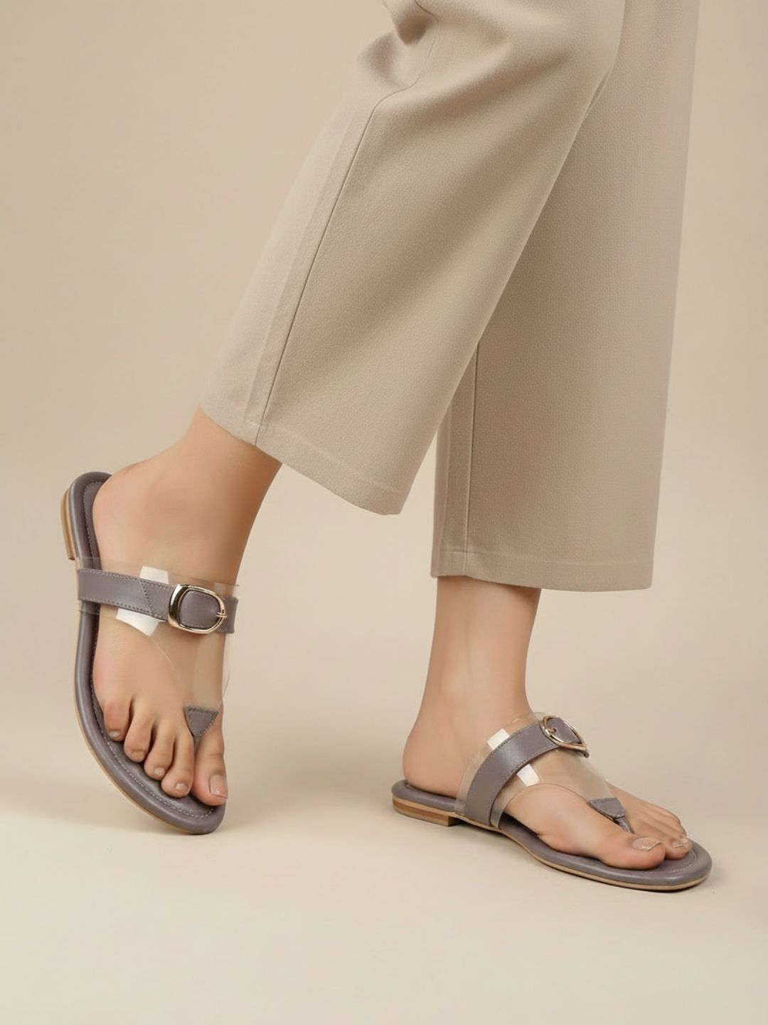 Womens Mauve Solid T-Strap Party Wear Flat Sandals