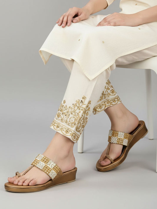 Womens Golden Ethnic Embellished One Toe Heels