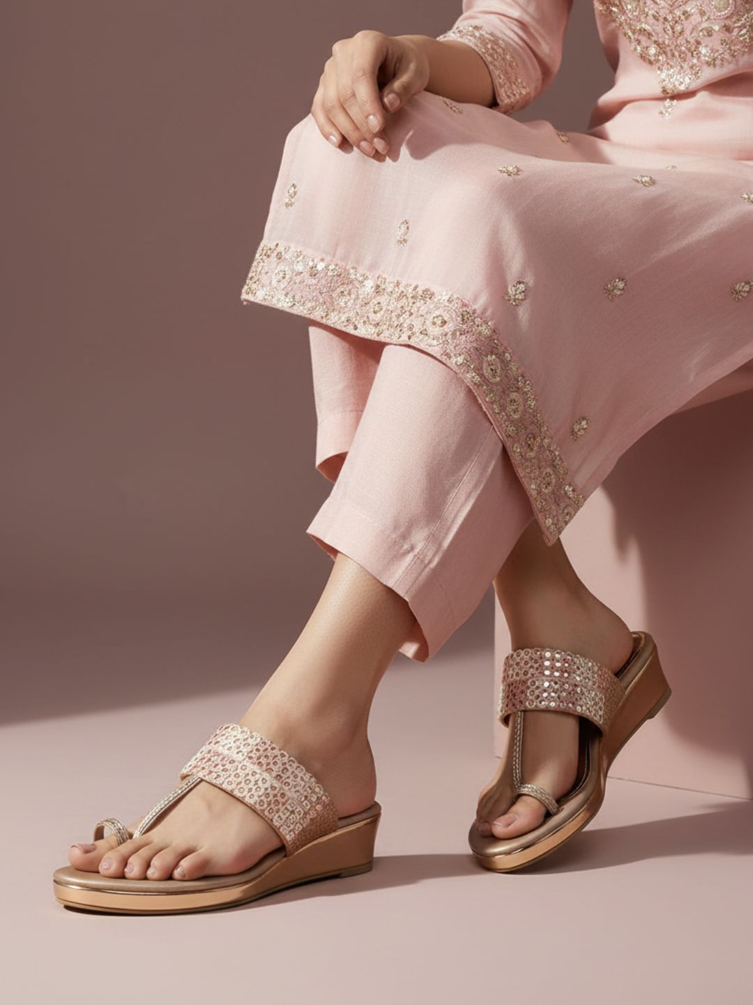 Womens Rose Golden Ethnic Embellished One Toe Heels