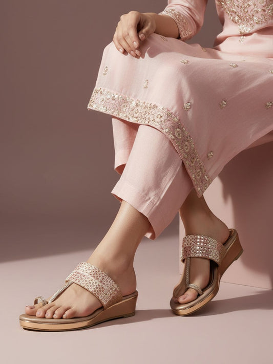 Womens Rose Golden Ethnic Embellished One Toe Heels