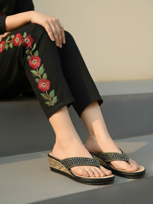Womens Black Ethnic Embellished Round Toe Wedge Heels