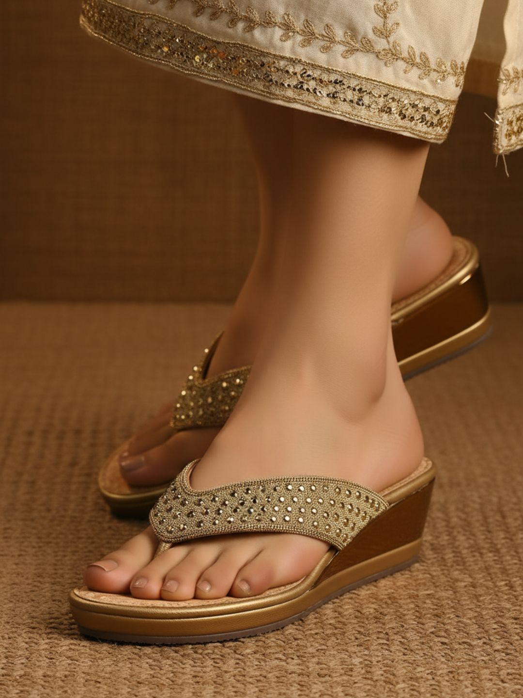 Womens Golden Ethnic Embellished Round Toe Wedge Heels