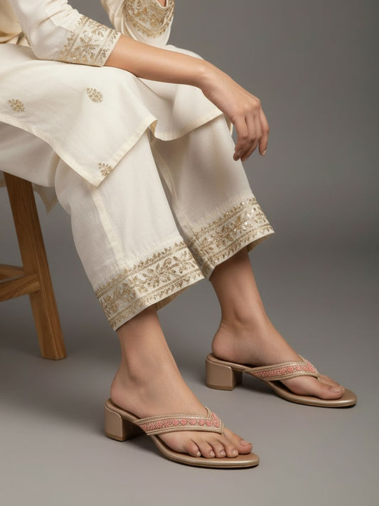 Womens Rose Gold Ethnic Embellished Round Toe Block Heels