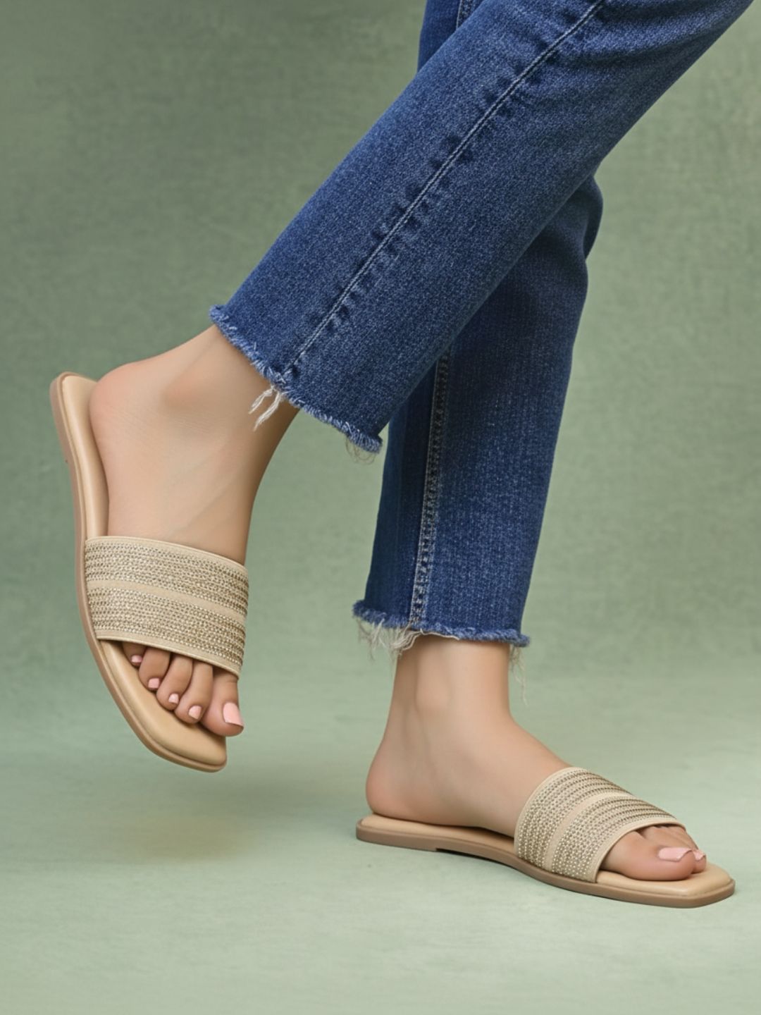 Womens Beige Casual Solid Open Toe Flats
