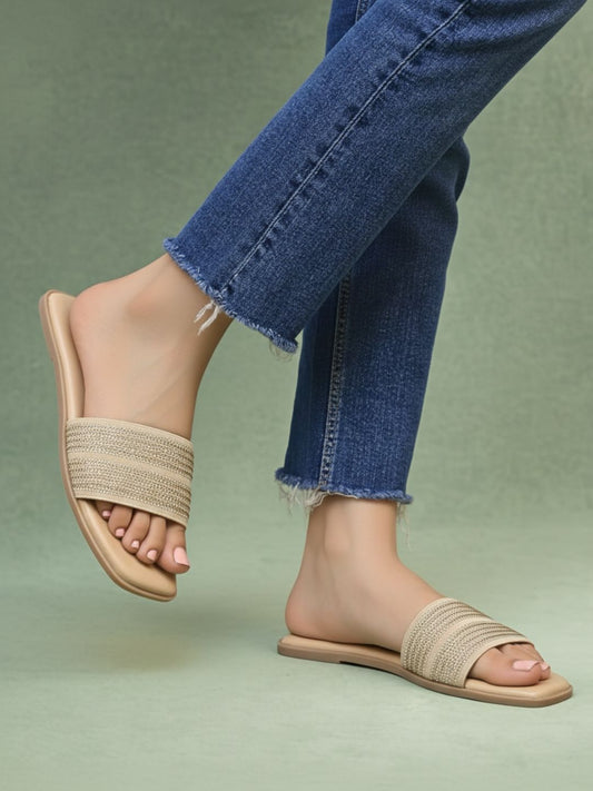 Womens Beige Casual Solid Open Toe Flats