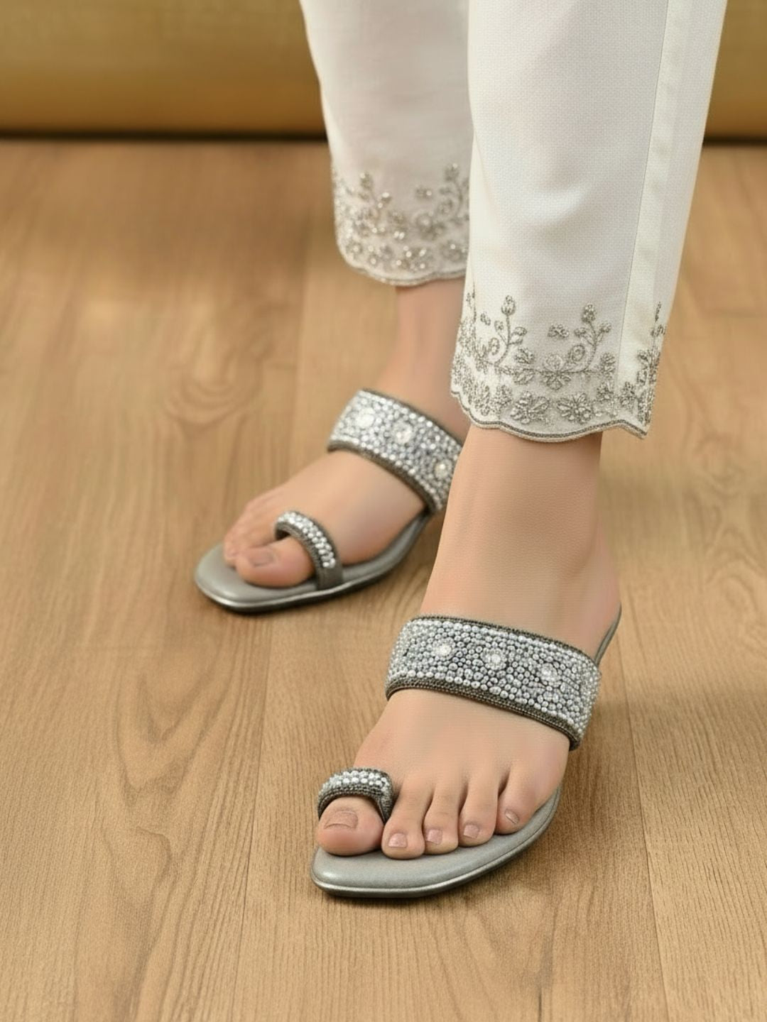 Womens Pewter Ethnic Embellished Round Toe Block Heels