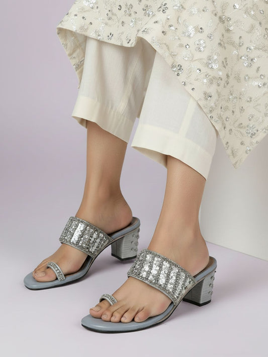 Women Grey Ethnic Embellished Pointed Toe Block Heels