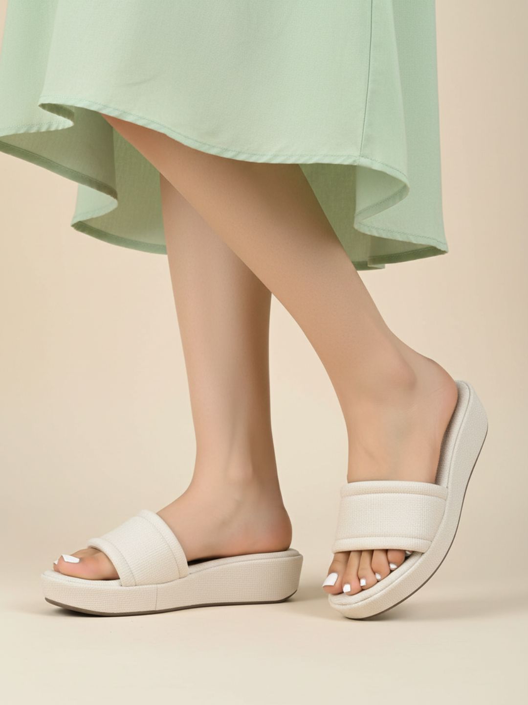 Womens Cream Casual Solid Round Toe Wedge Heels