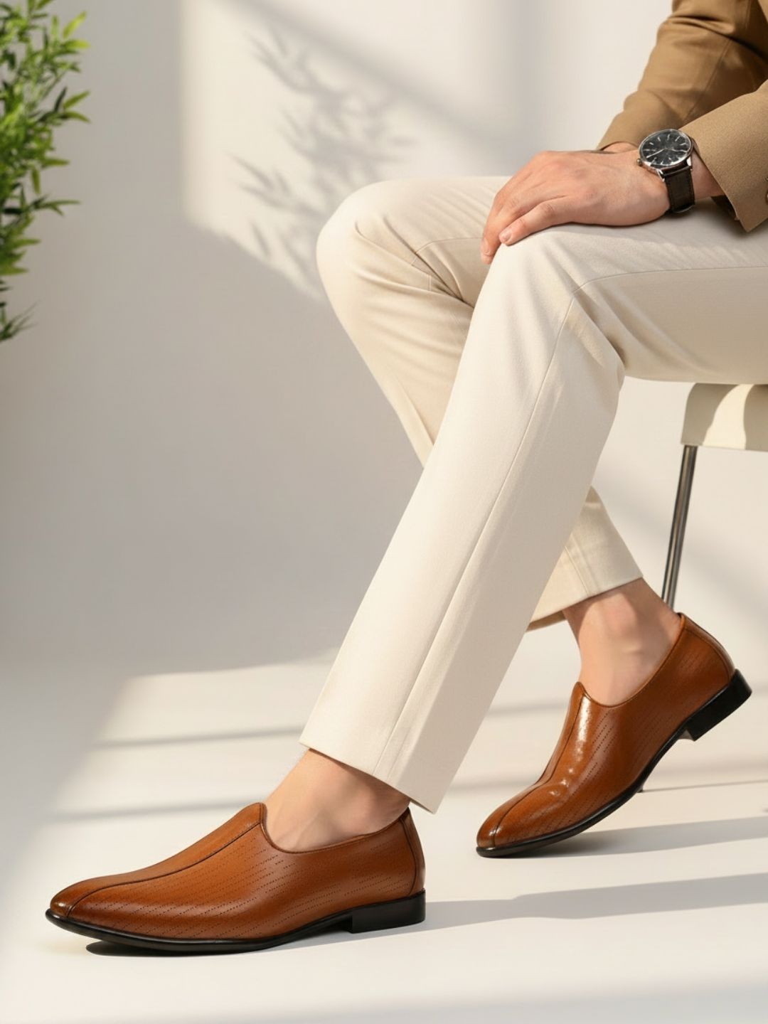Mens Tan Embellished Round Toe Casual Loafer Shoes