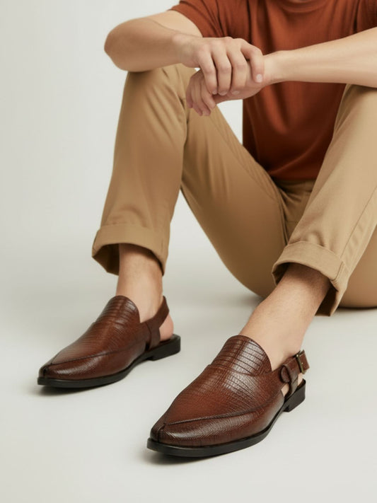 Mens Brown Solid Round Toe Casual Leather Sandals