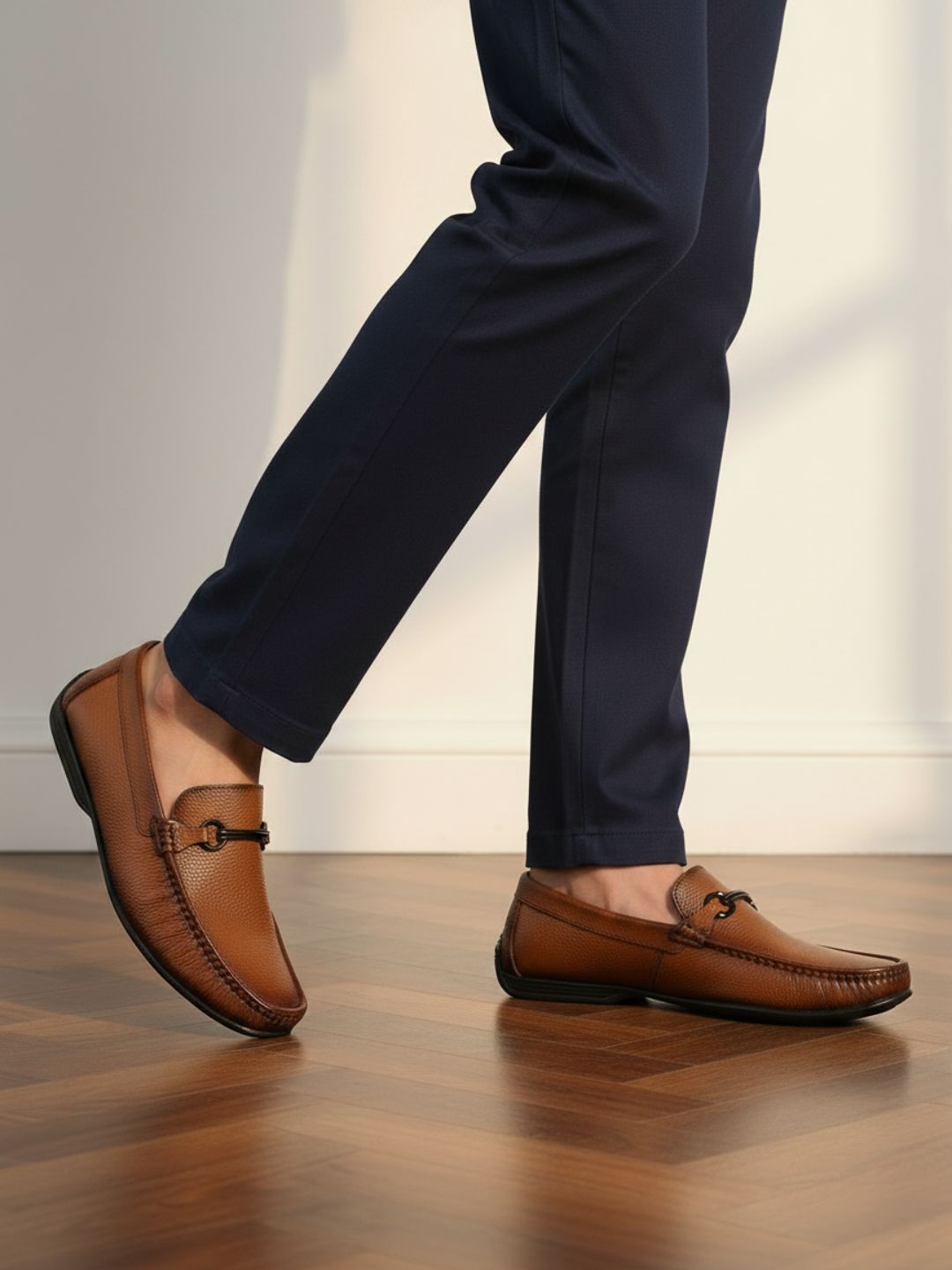 Mens Tan Solid Round Toe Casual Loafers