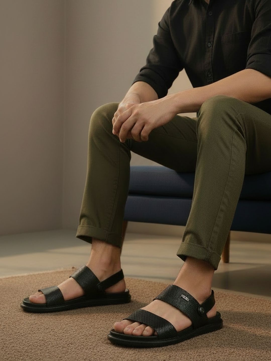 Mens Black Solid Round Toe Flat Leather Sandals
