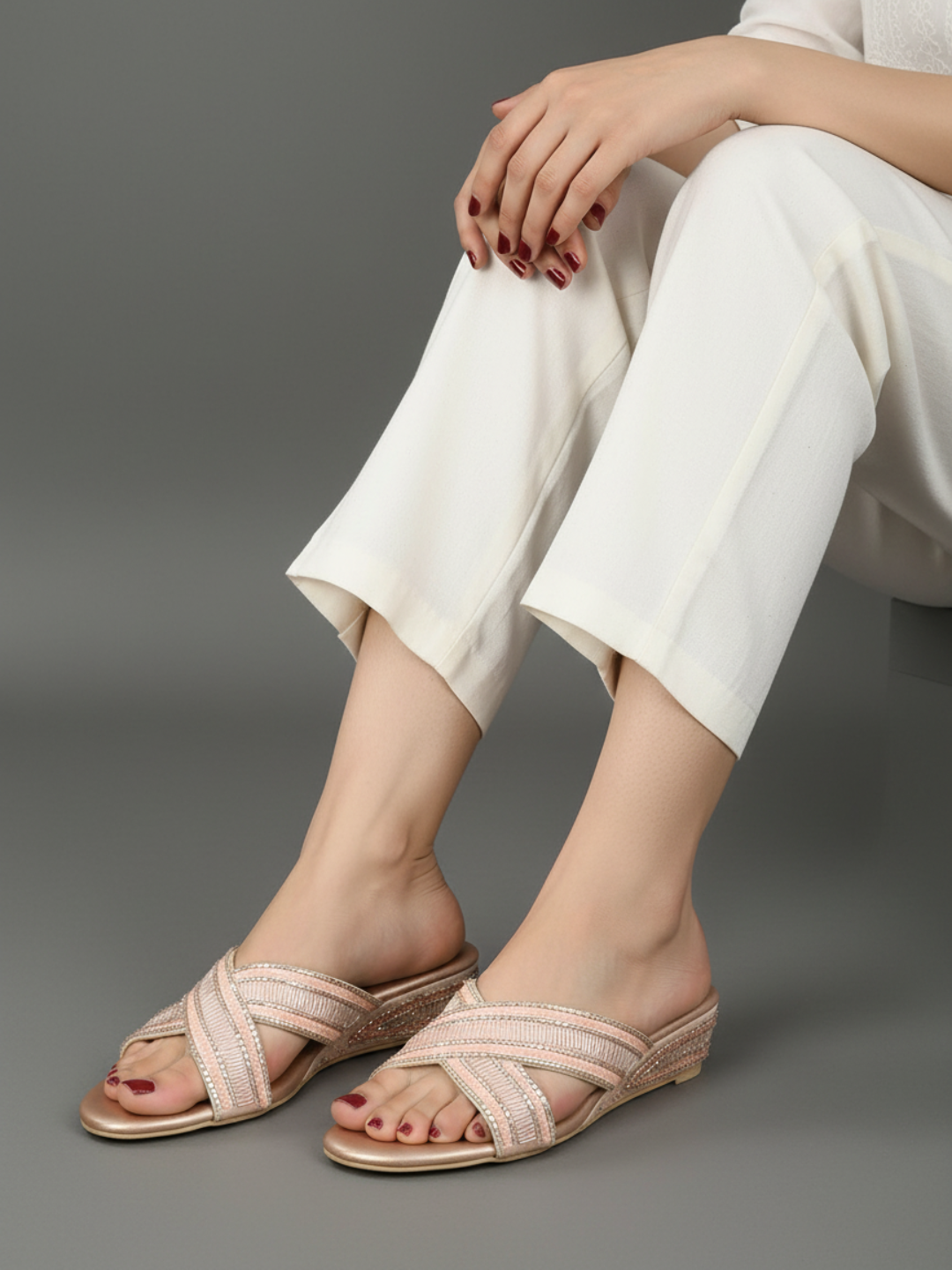 Women Rose Gold Ethnic Embellished Round Toe Wedge Heels