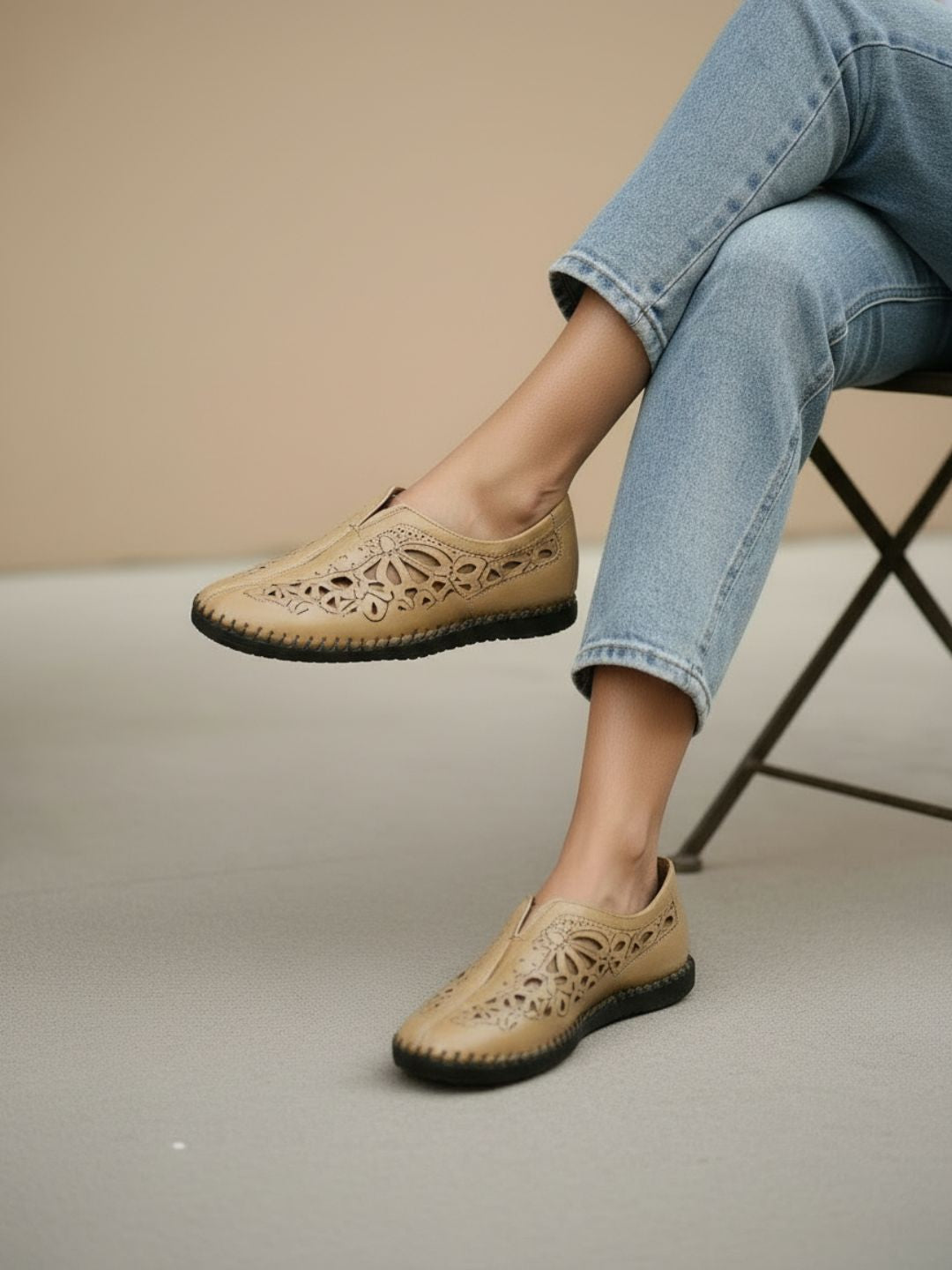 Womens Beige Casual Embellished Round Toe Loafers