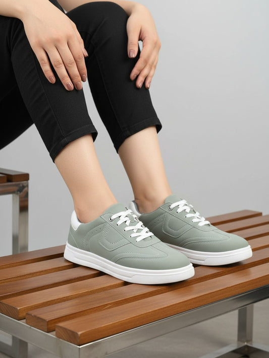 Womens Green Casual Solid Round Toe Sneakers
