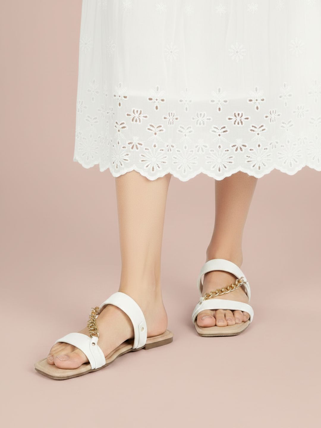 Womens White Solid Open Toe Casual Flats