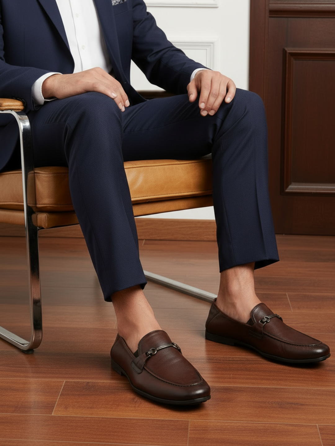 Mens Brown Formal Solid Pointed Toe Loafer Shoe
