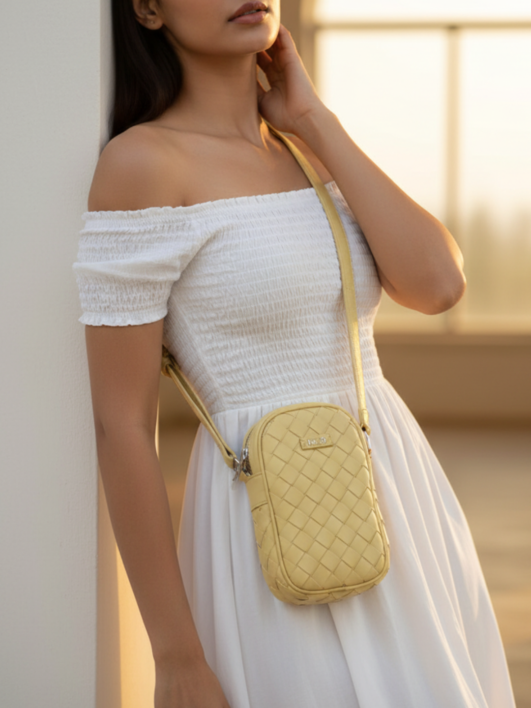 Womens Yellow Textured Phone Sling Bag With Zip Lock