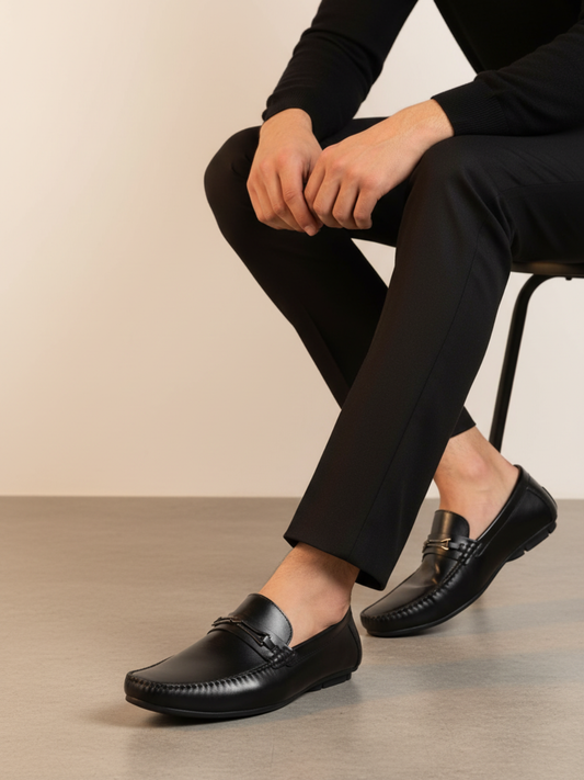 Mens Black Casual Solid Pattern Square Toe Loafers Shoe
