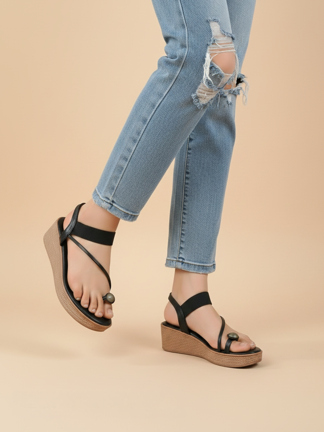 Womens Black Party Wear Round Toe Wedge Heels