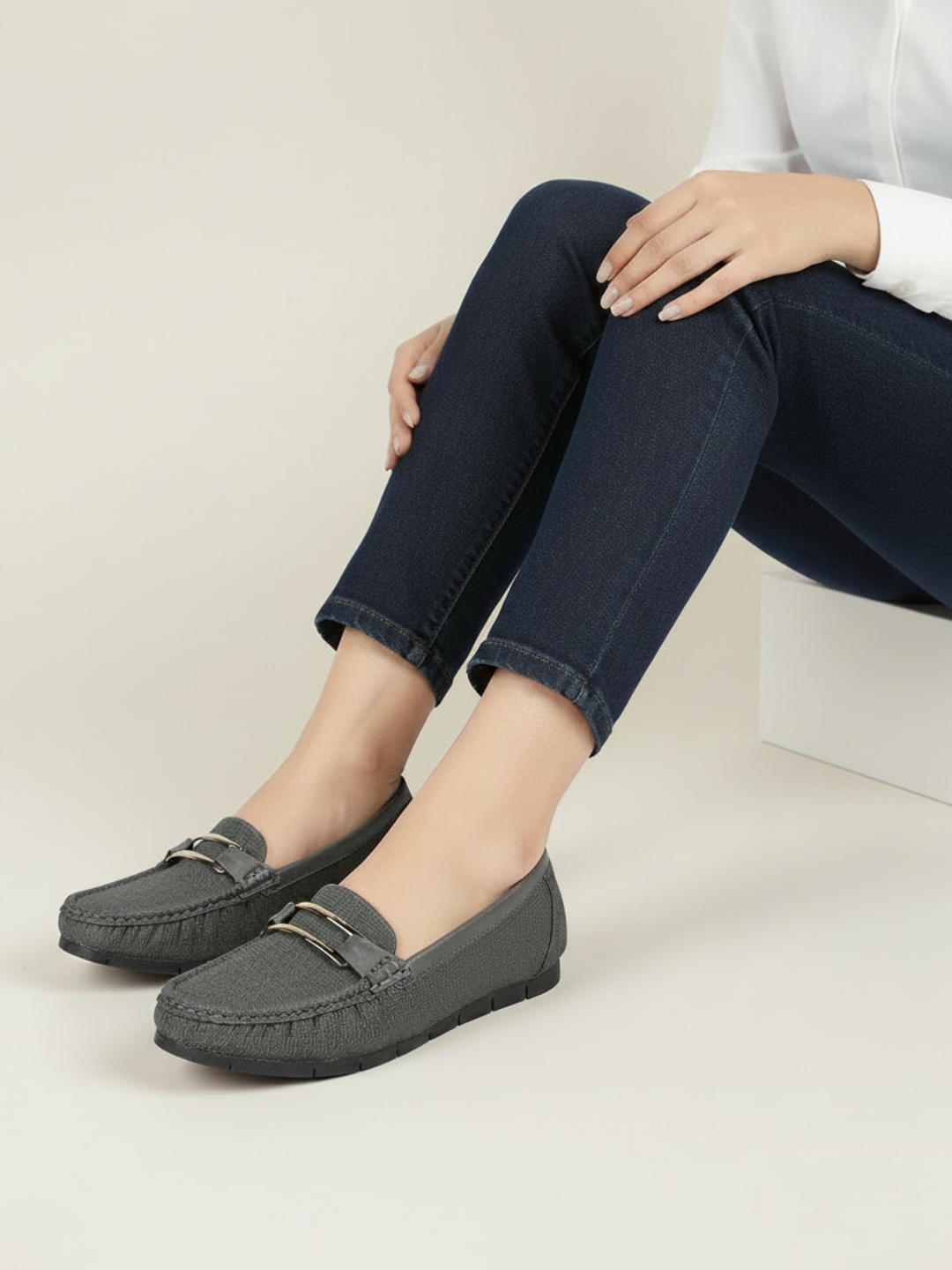 Womens Grey Casual Solid Round Toe Loafers