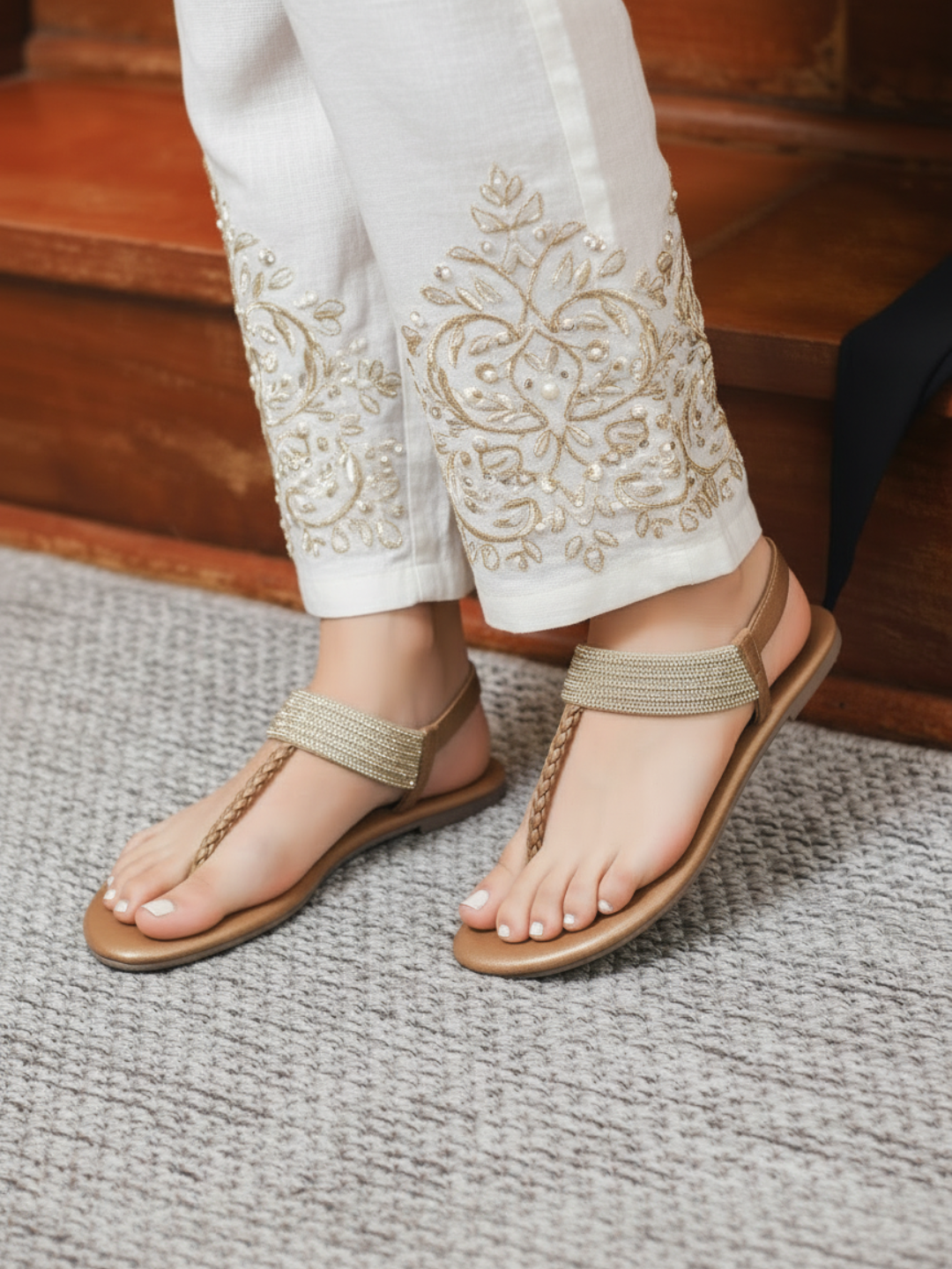 Womens Golden Ethnic Embellished T-Strap Flats