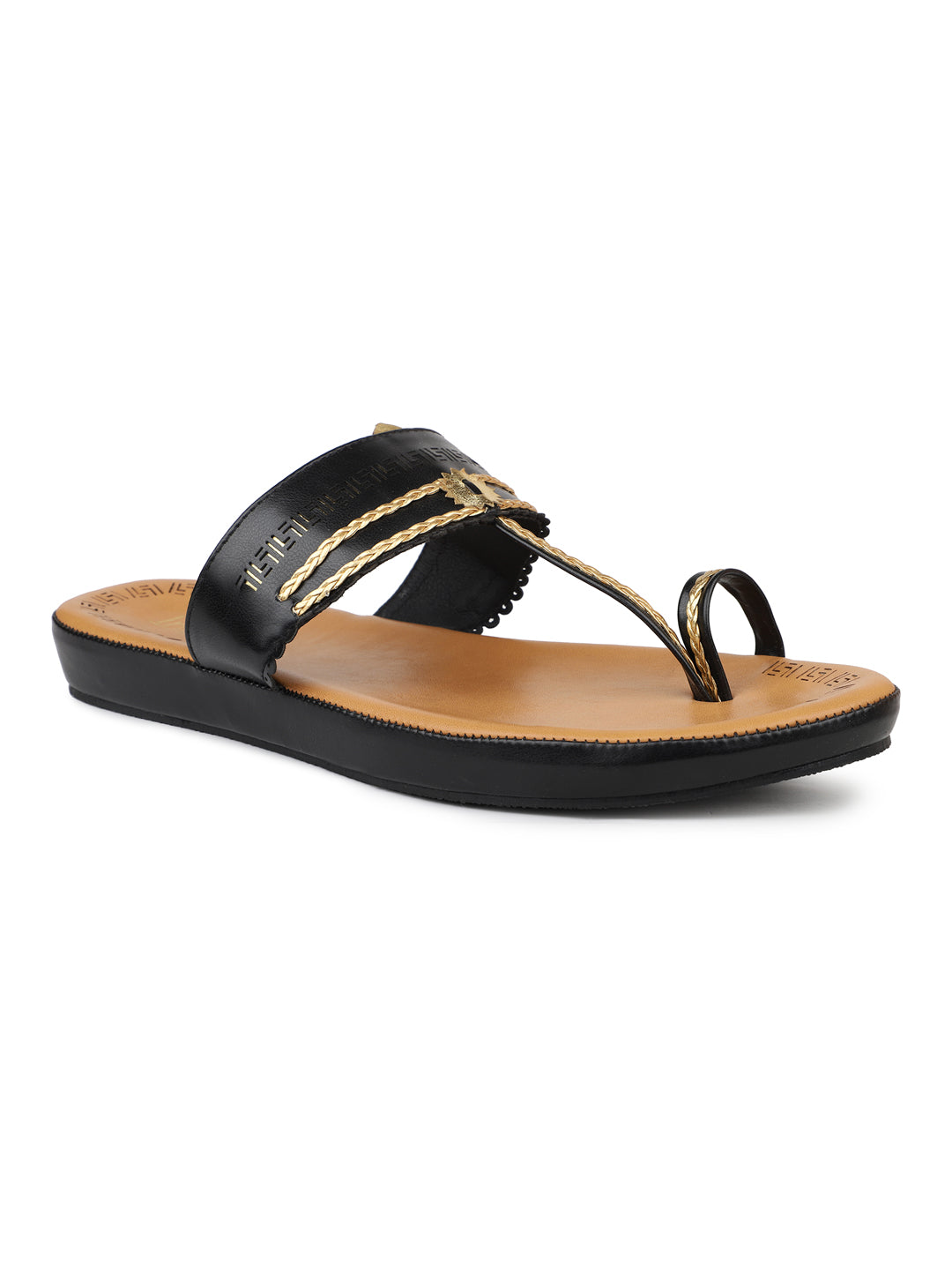Women Black Gold-Toned One Toe Comfort Sandals