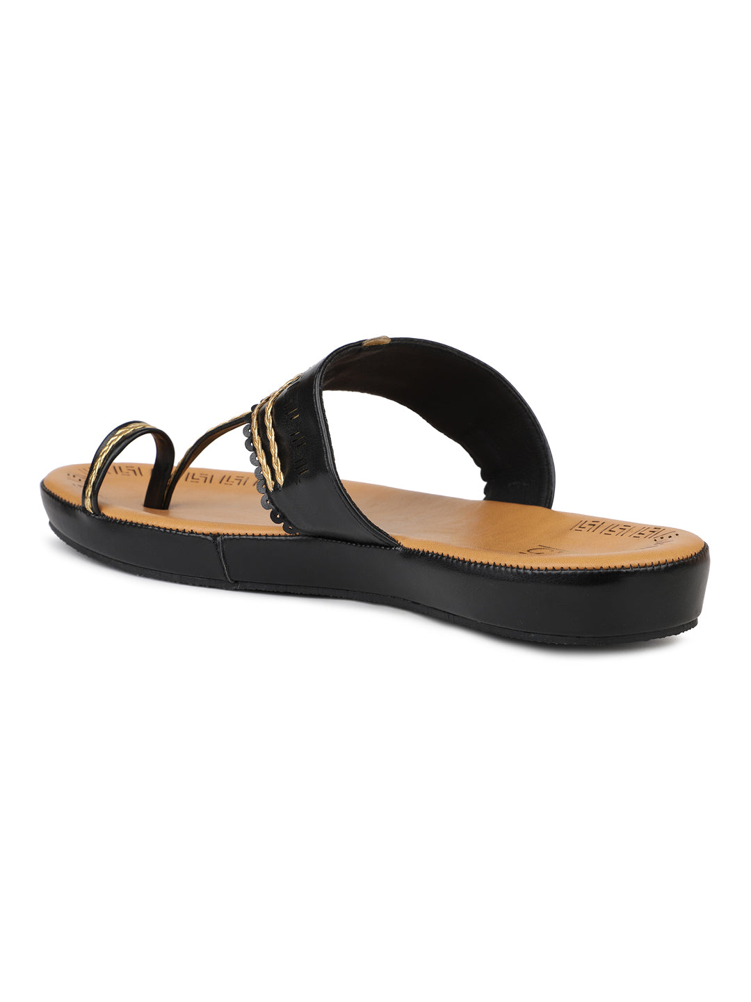 Women Black Gold-Toned One Toe Comfort Sandals