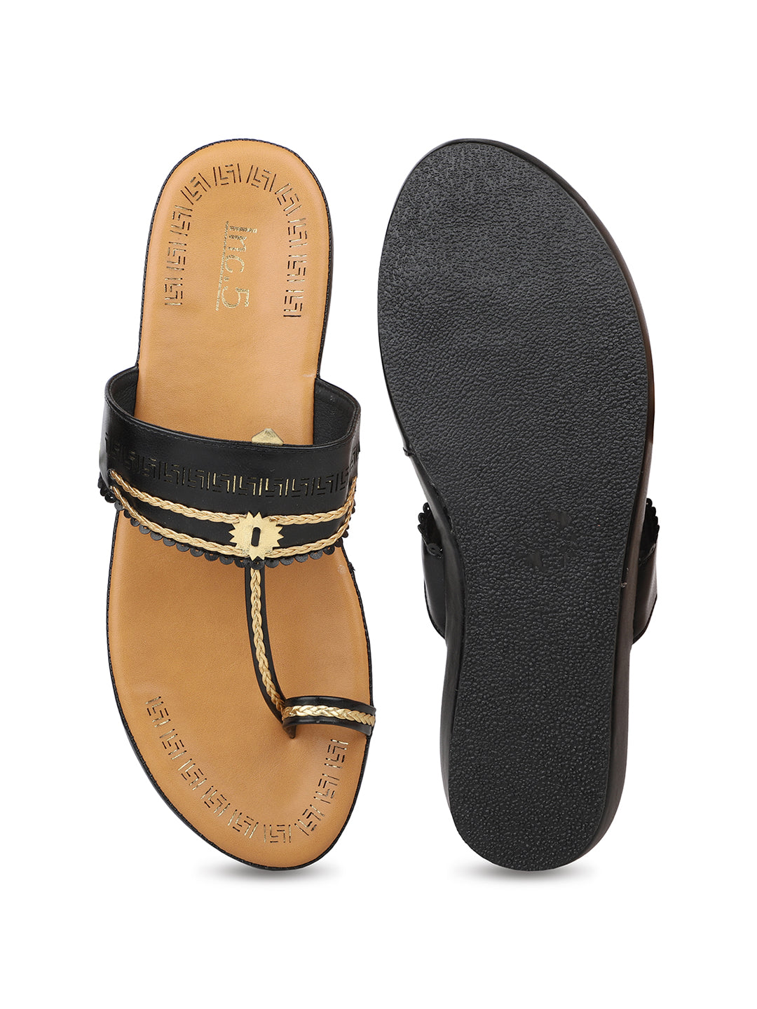 Women Black Gold-Toned One Toe Comfort Sandals