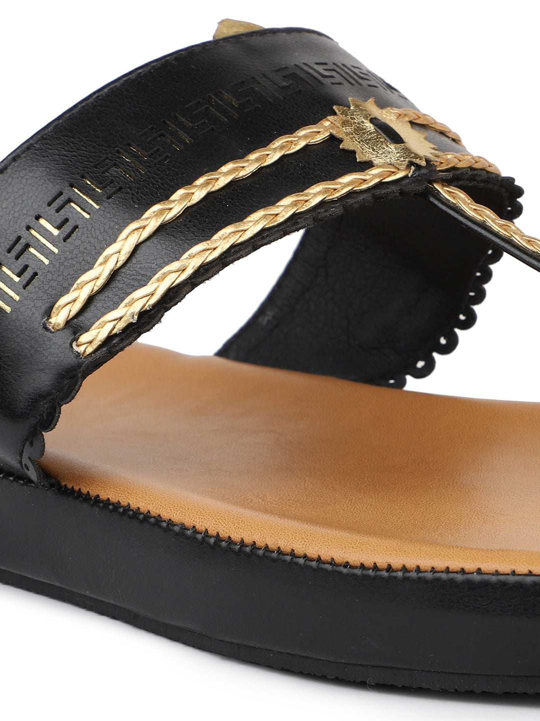 Women Black Gold-Toned One Toe Comfort Sandals