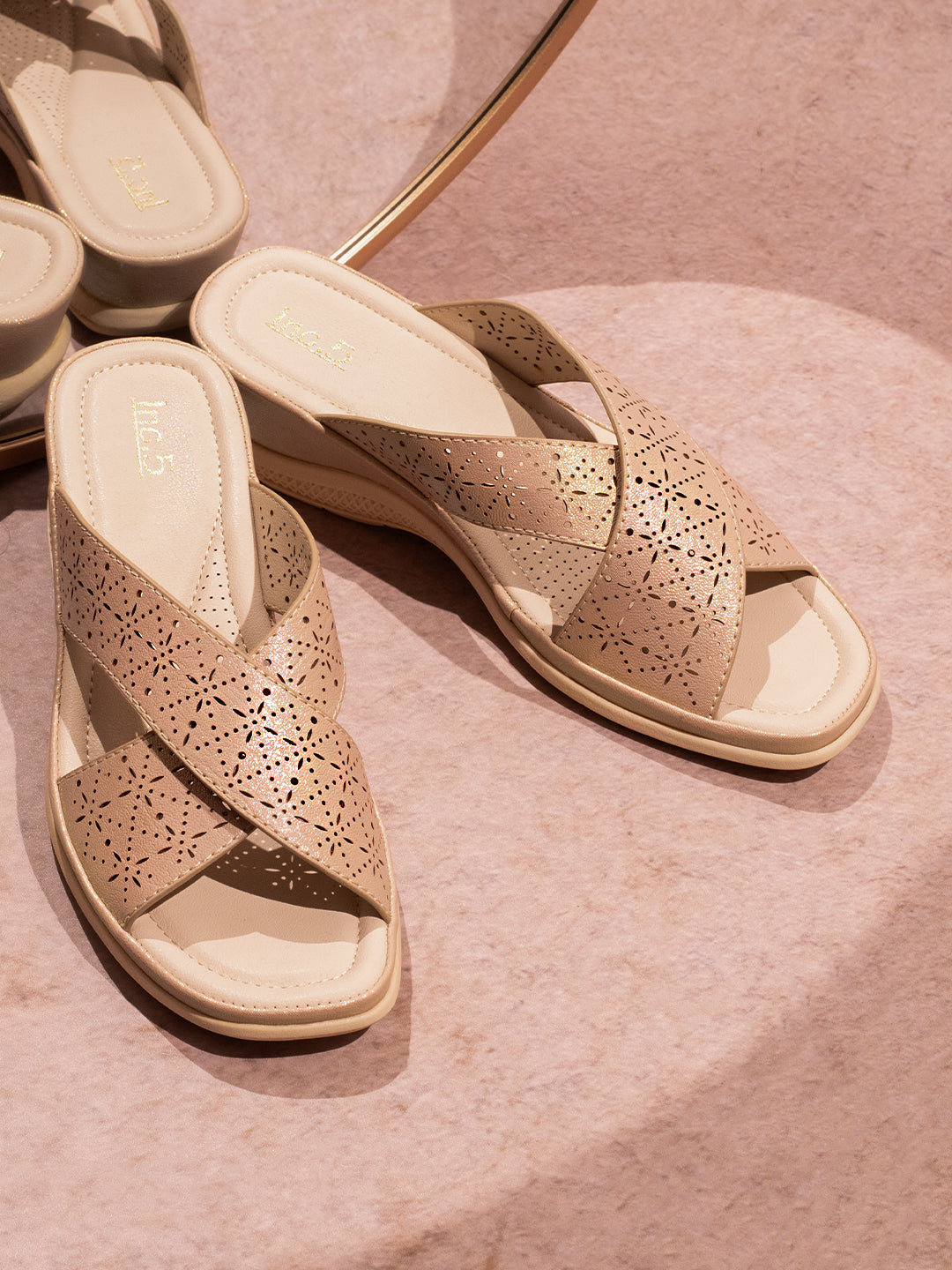 Women Rose Gold Textured Wedges with Laser Cuts