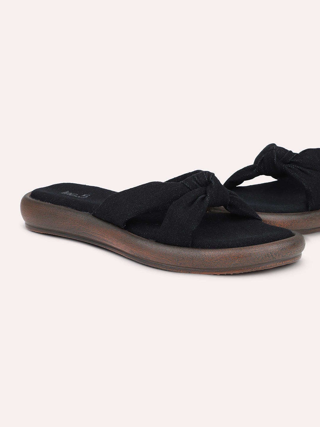 Women Black Open Toe Flats with Knot Detail