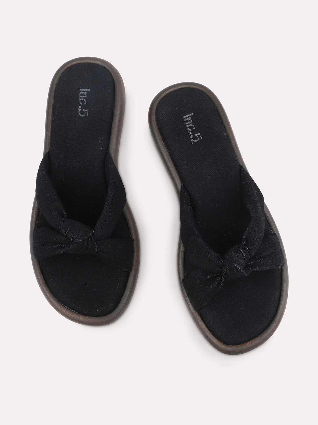 Women Black Open Toe Flats with Knot Detail