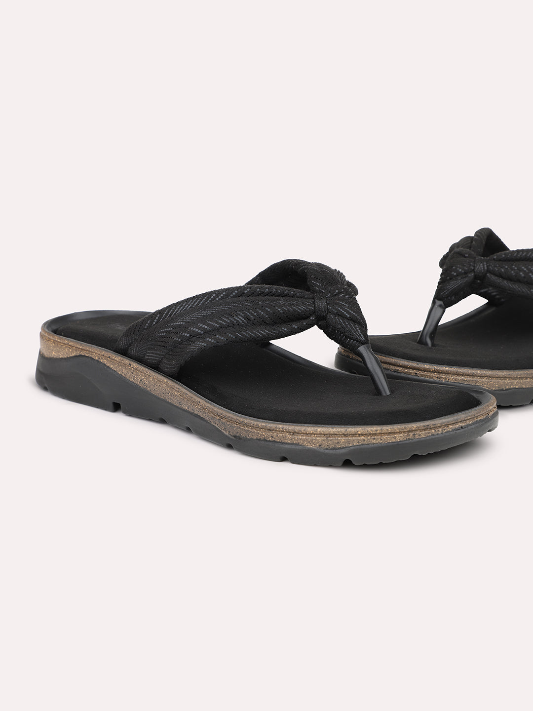 Women Black Textured Open Toe Flats