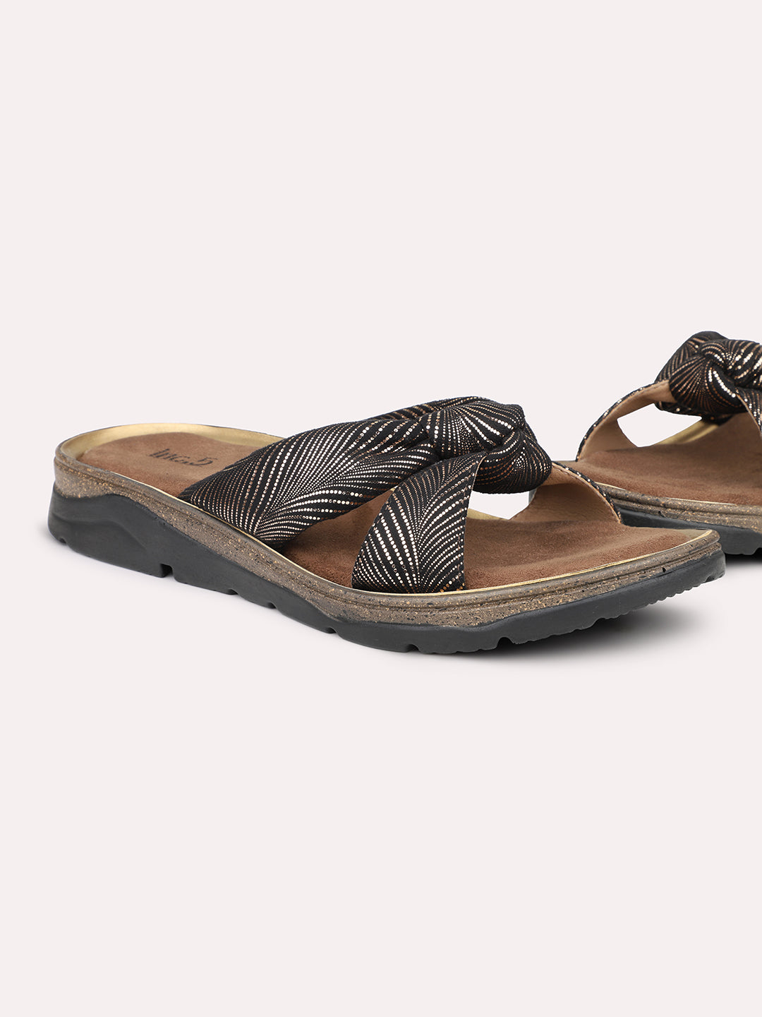 Women Antique Printed Open Toe Flats with Knot Detail