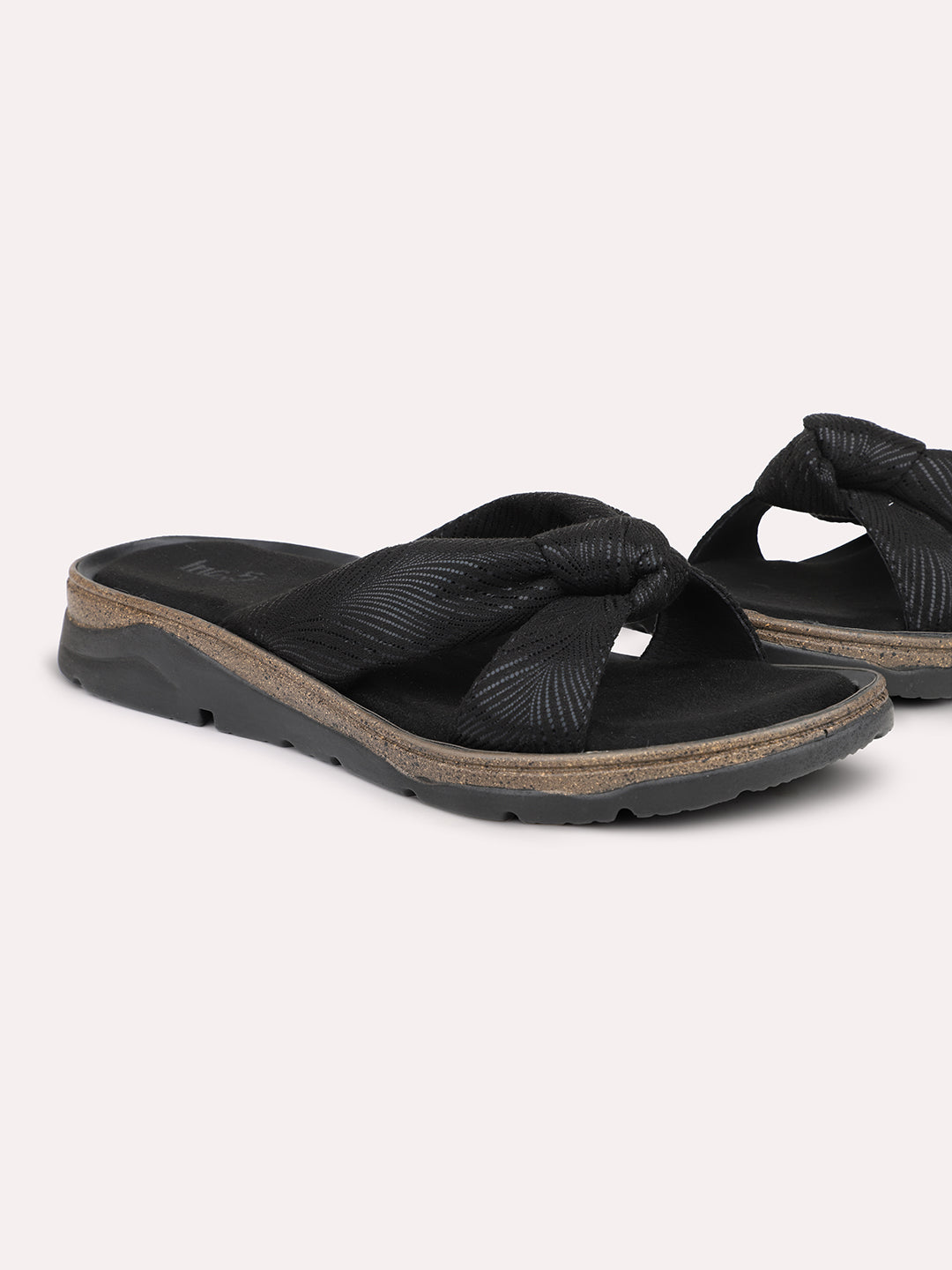 Women Black Printed Open Toe Flats with Knot Detail