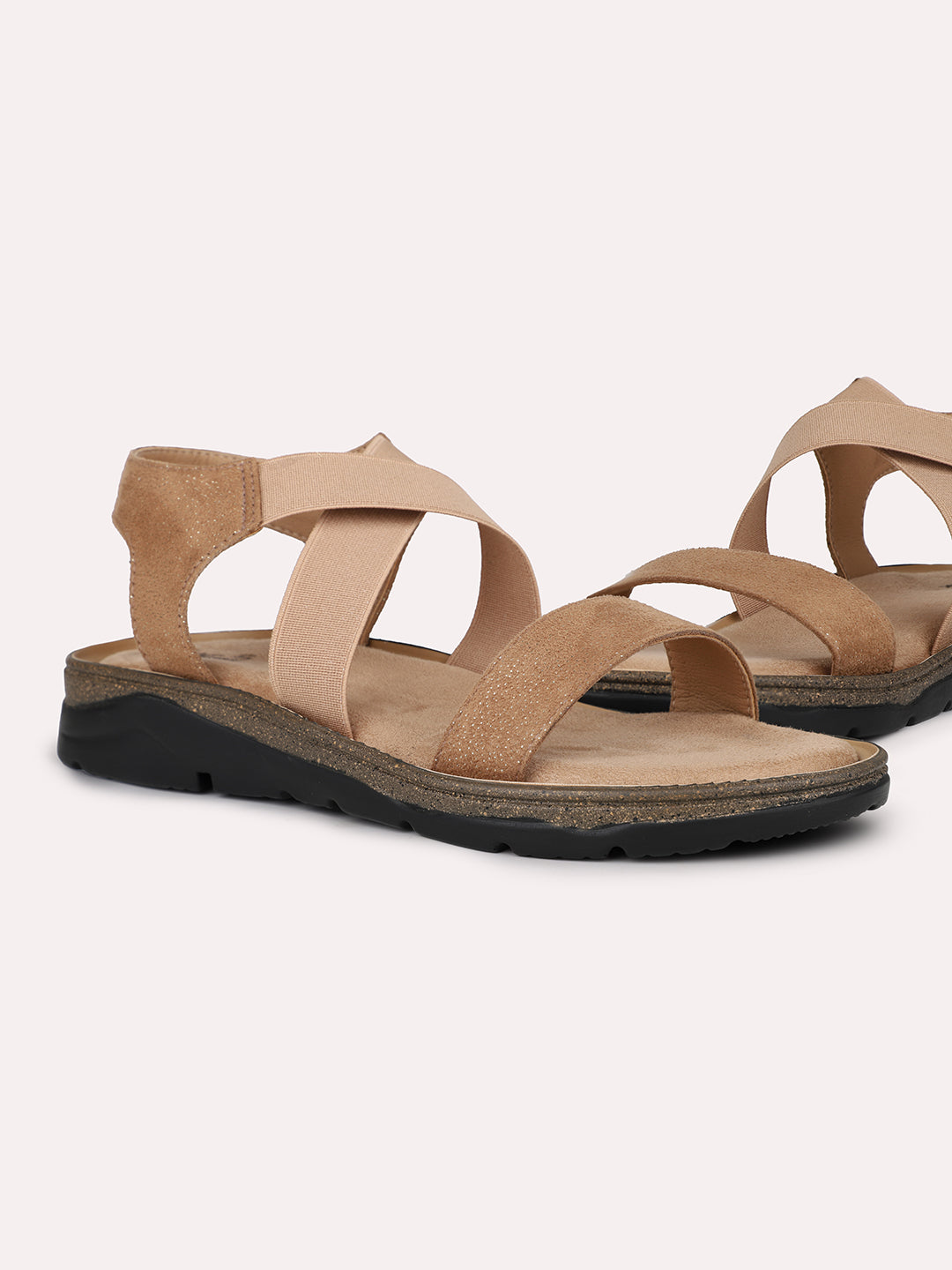 Women Chikoo Textured Strappy Comfort Heels With Backstrap