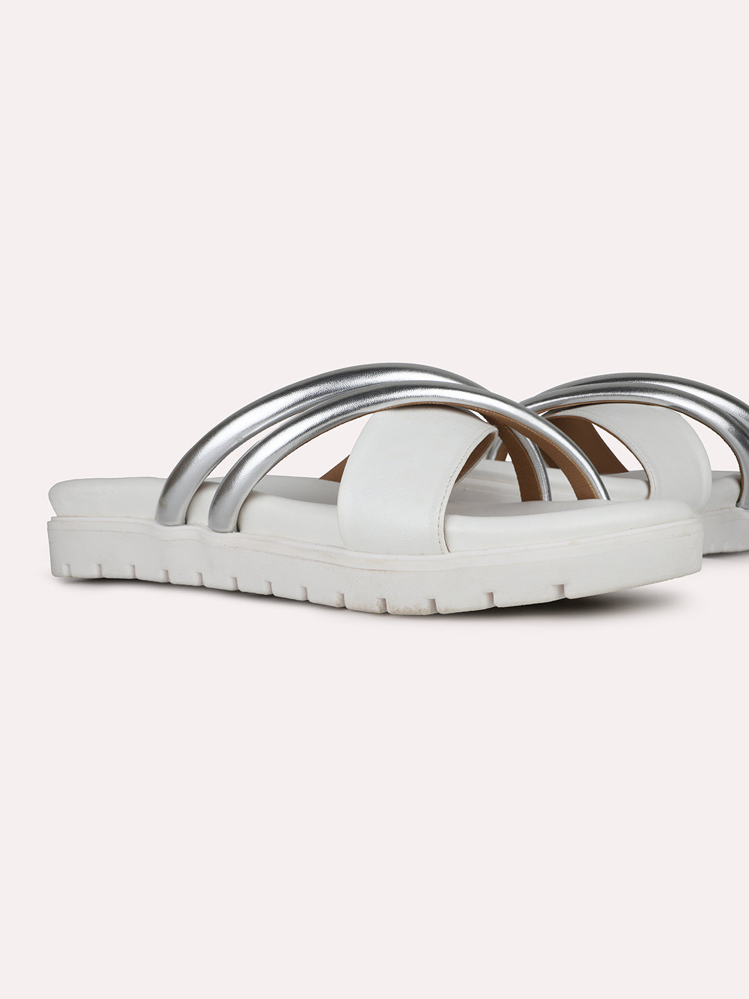 Womens White Casual Solid Open Toe Slip-On Flats