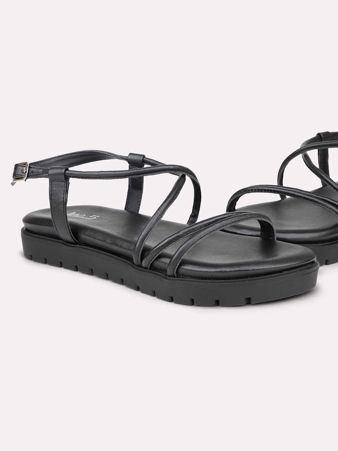 Women Black Striped Open Toe Flats With Backstrap