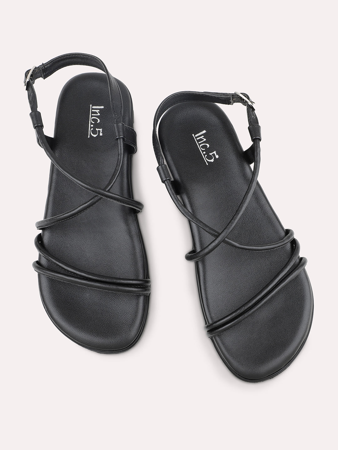 Women Black Striped Open Toe Flats With Backstrap