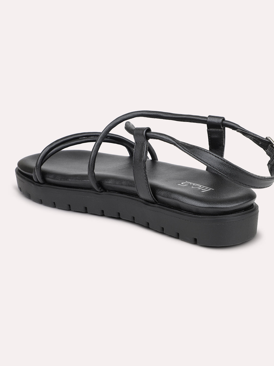 Women Black Striped Open Toe Flats With Backstrap