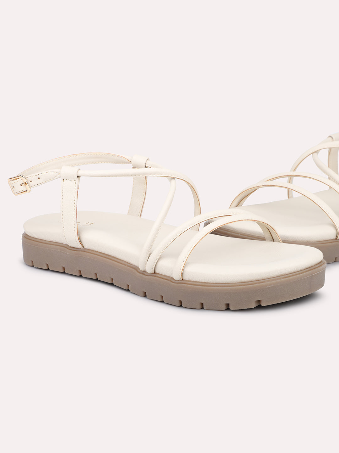 Women Cream Striped Open Toe Flats With Backstrap