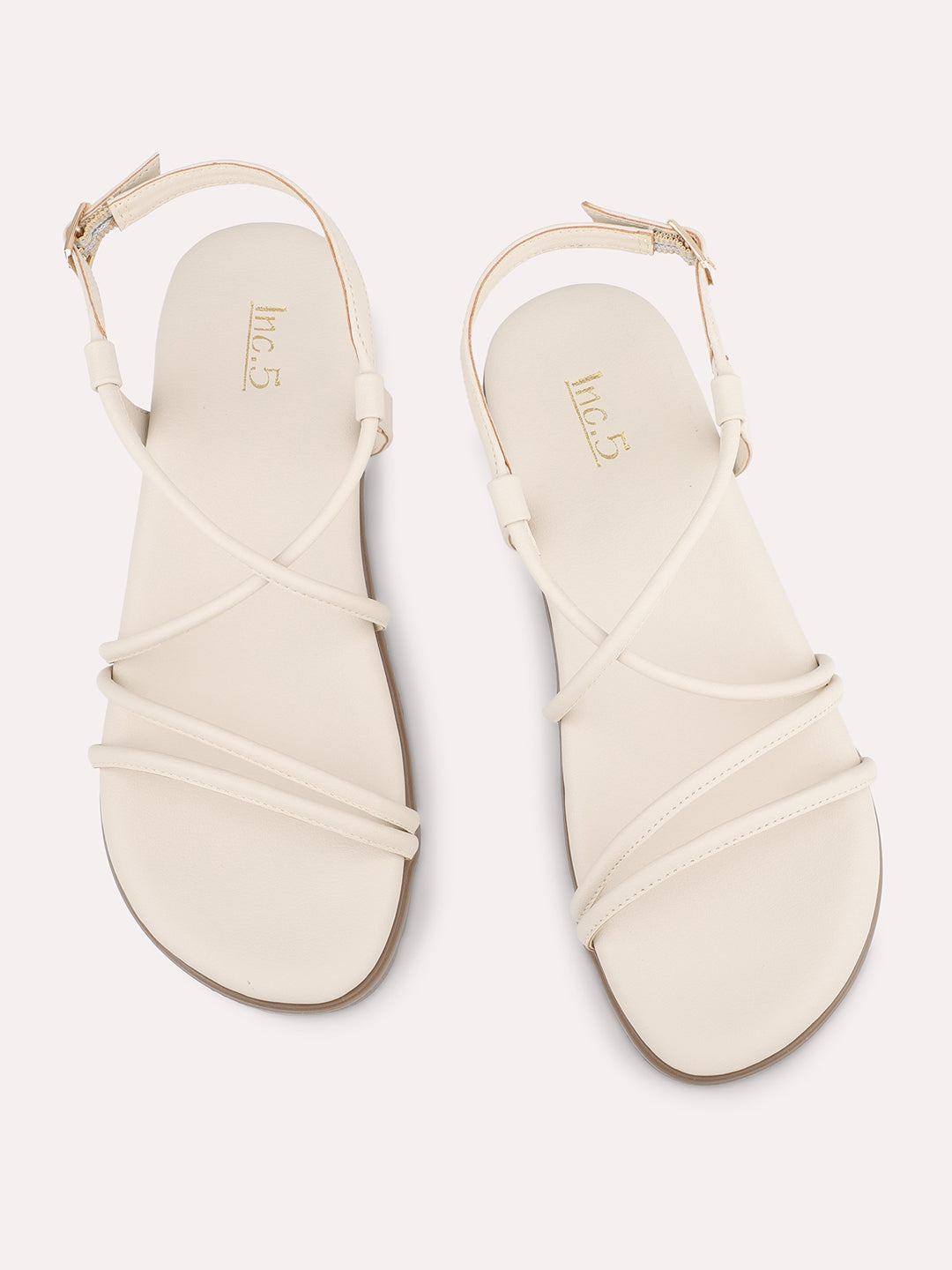 Women Cream Striped Open Toe Flats With Backstrap