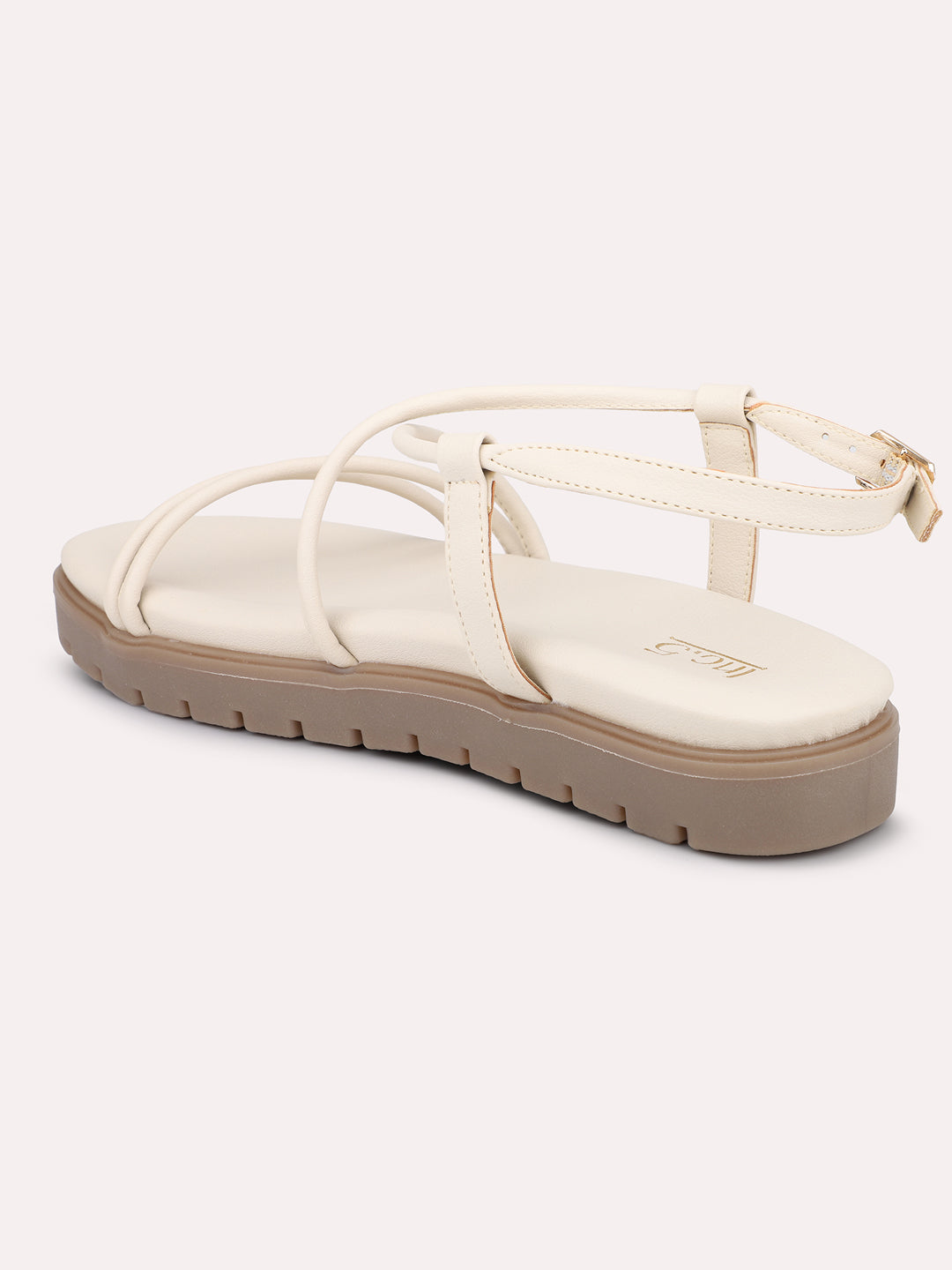 Women Cream Striped Open Toe Flats With Backstrap