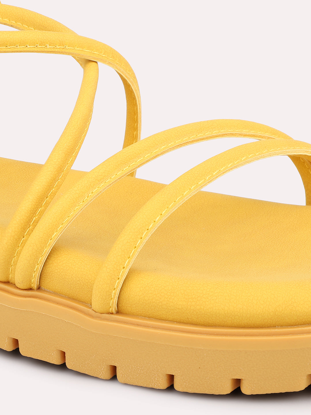 Women Yellow Striped Open Toe Flats With Backstrap