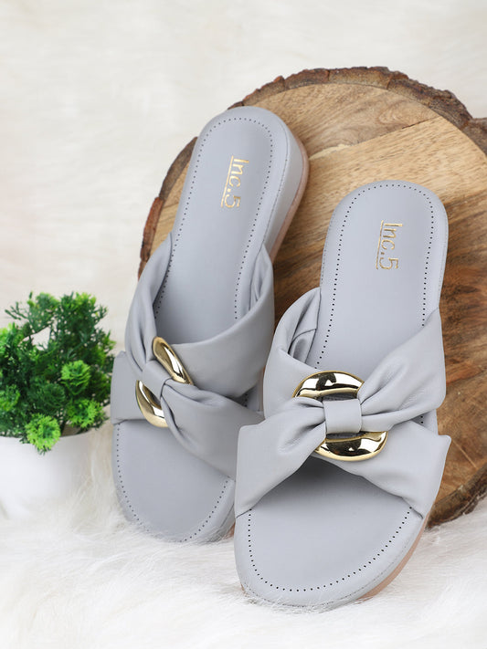 Women Grey & Gold-Toned Buckle Detailed Open Toe Comfort Heels