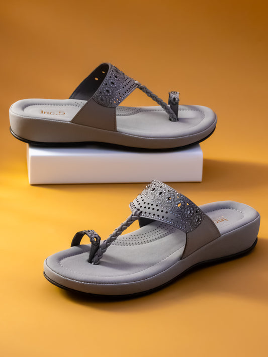 Women Grey One Toe Comfort Sandals with Laser Cuts